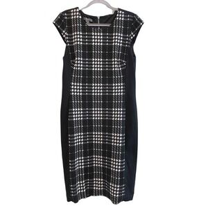 Muse Black White Plaid Sheath Midi‎ Dress Cap Sleeve Zipper Career Size 10